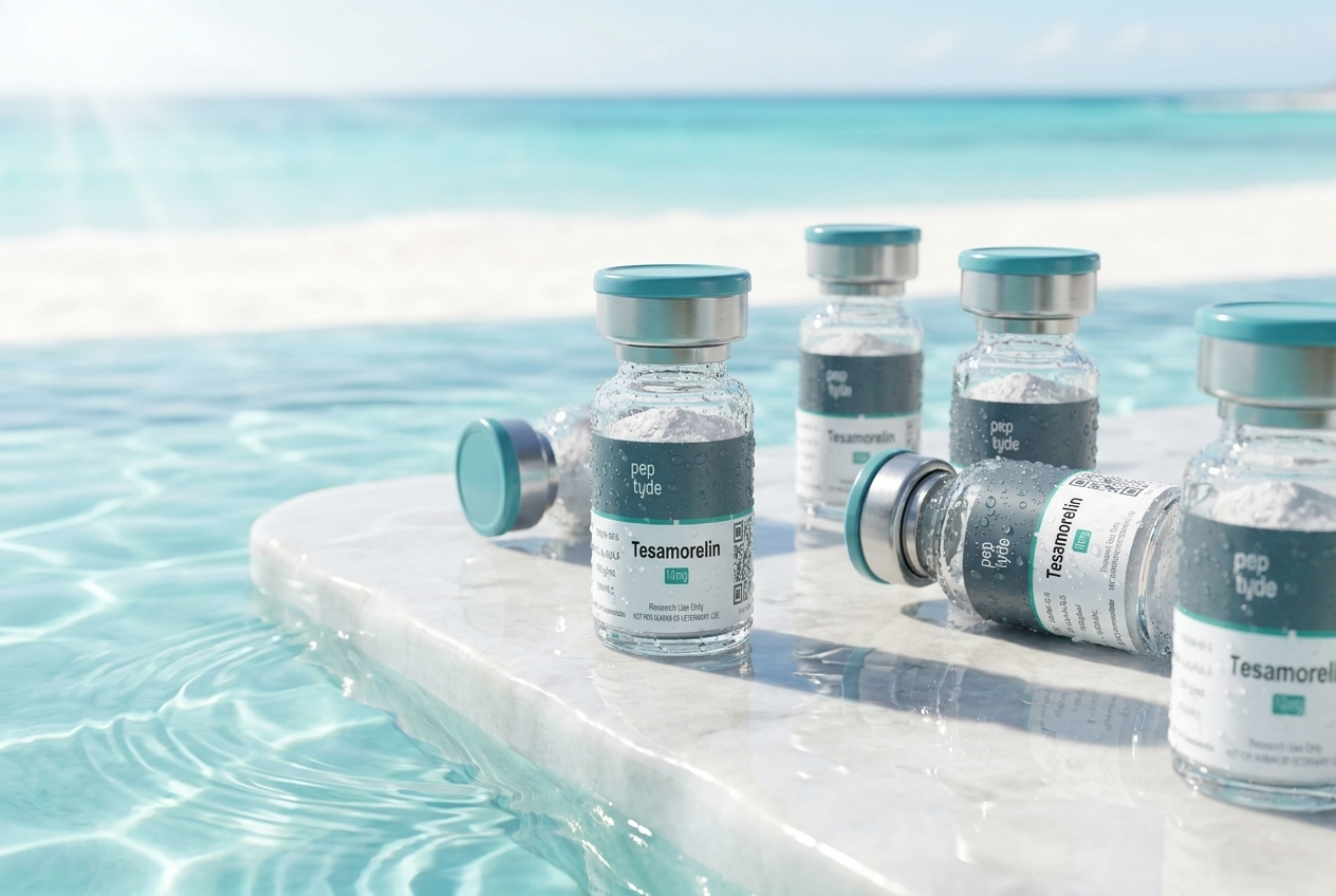 Peptyde research peptide vials by clear turquoise water